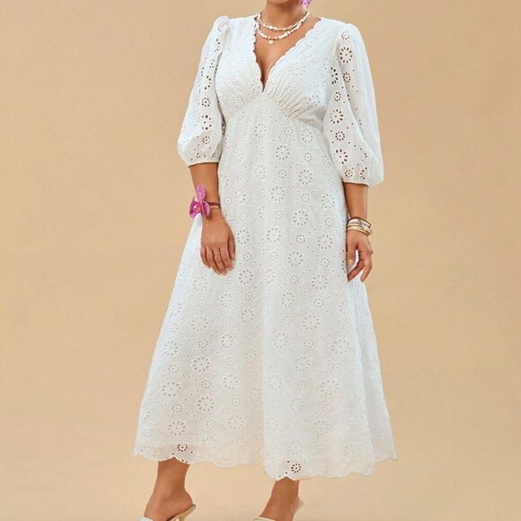 White Elegant Women's Plus Size Holiday Embroidered V-Neck Puff Sleeve Dress - Picture 3 of 6